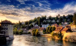 Sunset Over River Town H D R Wallpaper