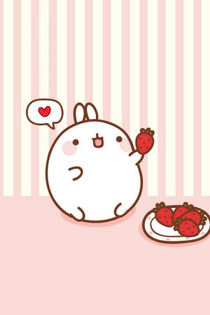 Super Cute Kawaii Pusheen Cat Holding A Strawberry Wallpaper
