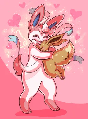 Sylveon And Eevee Cuddle Wallpaper