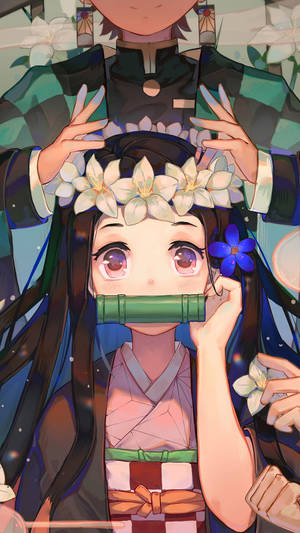 Tanjiro And Nezuko Flower Crown Wallpaper