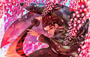 Tanjiro Kamado With Pink Flowers Wallpaper