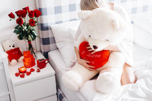 Teddy Bear In Bed Romantic Love Flowers Wallpaper