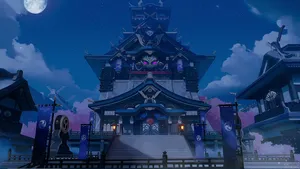 Temple And Moon Inazuma Genshin Wallpaper