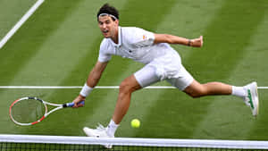 Tennis Player Stretchingfor Ballon Grass Court Wallpaper