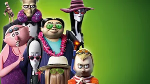 The Addams Family 2 Characters Green Backdrop Wallpaper