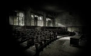 The Eerie Silence Of A Dimly Lit, Deserted Classroom. Wallpaper