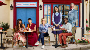 The Good Place Characters Outside A Dining Wallpaper