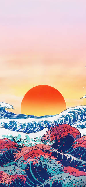 The Great Wave Sunset Cool Android Art Wallpaper
