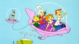 The Jetson Family In Their Iconic Flying Car Against A Pink Galactic Background Wallpaper