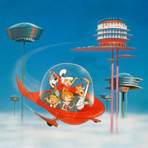 The Jetsons Riding Red Space Car Wallpaper