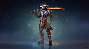 The Mighty Susanoo Performing A Power Display Against A Fiery Sky Wallpaper