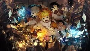 The Promised Neverland Gold And Blue Effects Wallpaper