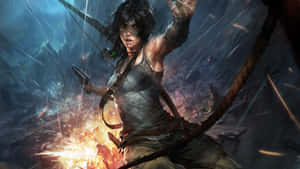 The Tomb Raider Is In The Air With A Bow And Arrow Wallpaper