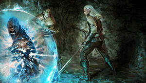 The Witcher Geralt And Warlocks In Cave Wallpaper