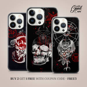 Three Phone Cases With Skulls And Devils On Them Wallpaper