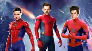 Three Spider - Man Characters Standing In Front Of A Background Wallpaper