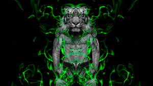 Tiger Head Human With Green Fire Wallpaper