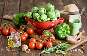 Tomatoes Brussels Bell Pepper Fruits On Wooden Table Wallpaper
