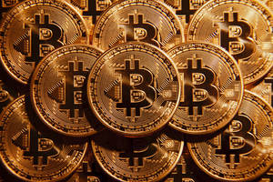 Toppling Bronze Bitcoin Wallpaper