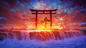 Torii Gate Waterfalls Wallpaper