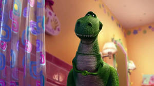 Toy Story Rex Behind Curtain Wallpaper