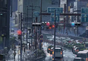Traffic In Japanese City Anime Scene Wallpaper
