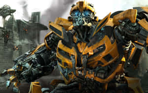Transformers Bumblebee With Collapsing Buildings Wallpaper