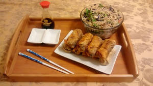 Tray Of Egg Rolls And Fried Rice Wallpaper