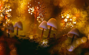 Troop Of Psilocybe Fungus On Glowing Bokeh Backdrop Wallpaper