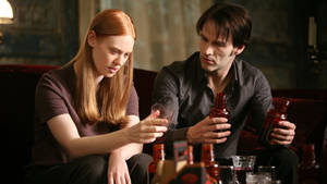 True Blood Drinking Jessica And Bill Wallpaper