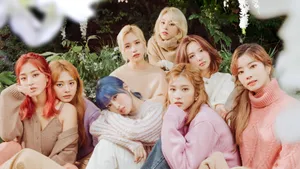 Twice 4k With Green Leaves Backdrop Wallpaper