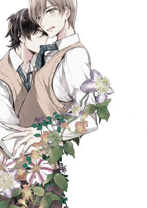 Two Anime Characters Hugging In Front Of Flowers Wallpaper