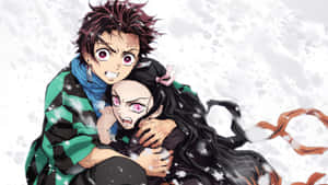 Two Anime Characters Hugging In The Snow Wallpaper