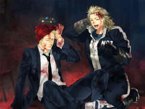 Two Anime Characters Sitting On The Ground With Blood On Their Faces Wallpaper