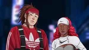 Two Cartoon Characters Standing Next To Each Other Wallpaper