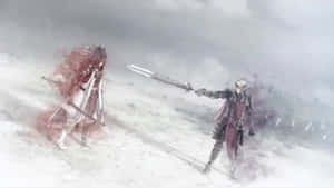 Two Characters Are Standing In The Snow With Swords Wallpaper