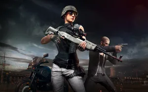 Two People With Guns In Front Of A Motorcycle Wallpaper