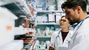 Two Pharmacists Checking Medicine Stocks Wallpaper