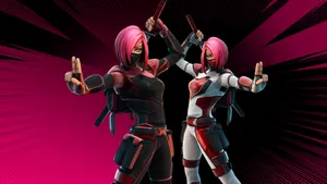 Two Pink Characters With Guns In Front Of A Pink Background Wallpaper