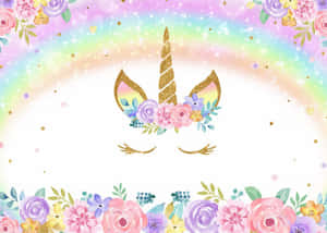 Unicorn Head With Flowers And Rainbow Background Wallpaper