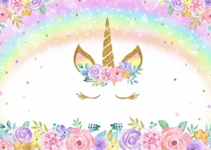 Unicorn Head With Flowers And Rainbow Background Wallpaper