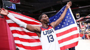 Usa Bam Adebayo With American Flag Wallpaper