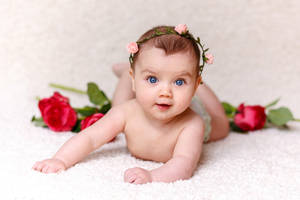 Very Cute Baby With Red Roses Wallpaper