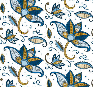 Vibrant Blue And Gold Batik Floral Pattern Wallpaper