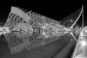 View Of A Modern City Skyline In Black And White Wallpaper