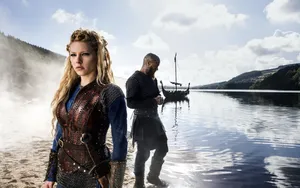 Vikings Ragnar With Lagertha And Battleship Wallpaper
