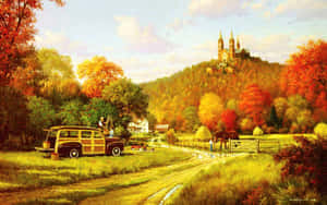 Vintage Autumn Painting Car Parked Wallpaper