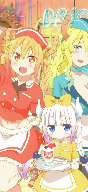Waitress Tohru, Kanna, And Lucoa Phone Wallpaper