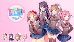 White Background Ddlc Girls With Logo Wallpaper