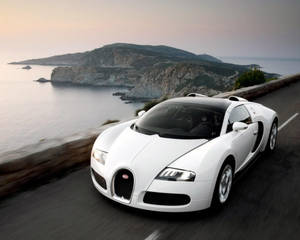 White Bugatti Seaside Road Wallpaper